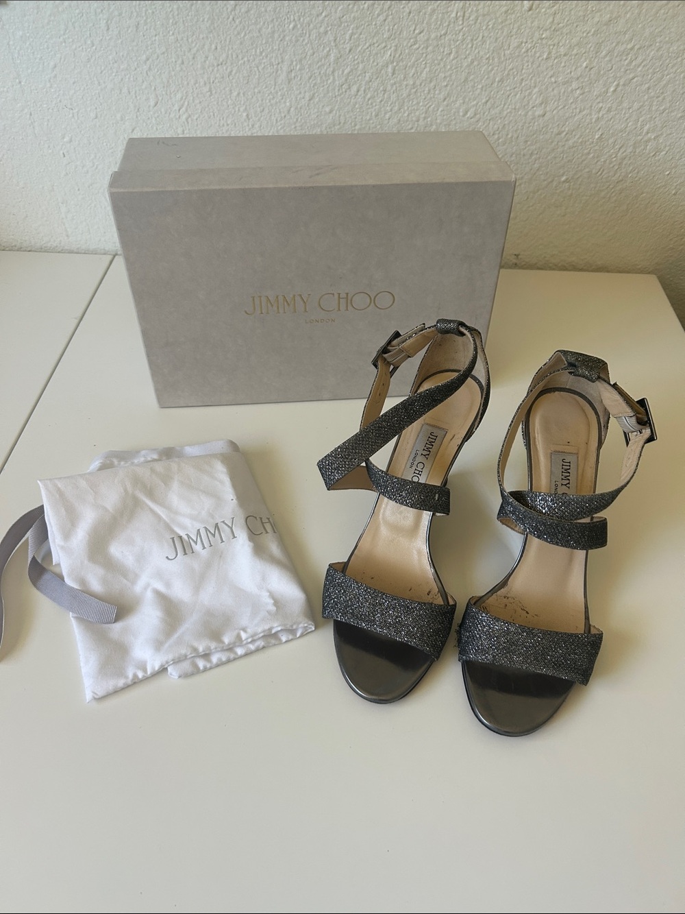 Jimmy Choo Black Glitter Strappy Ankle Sandals
